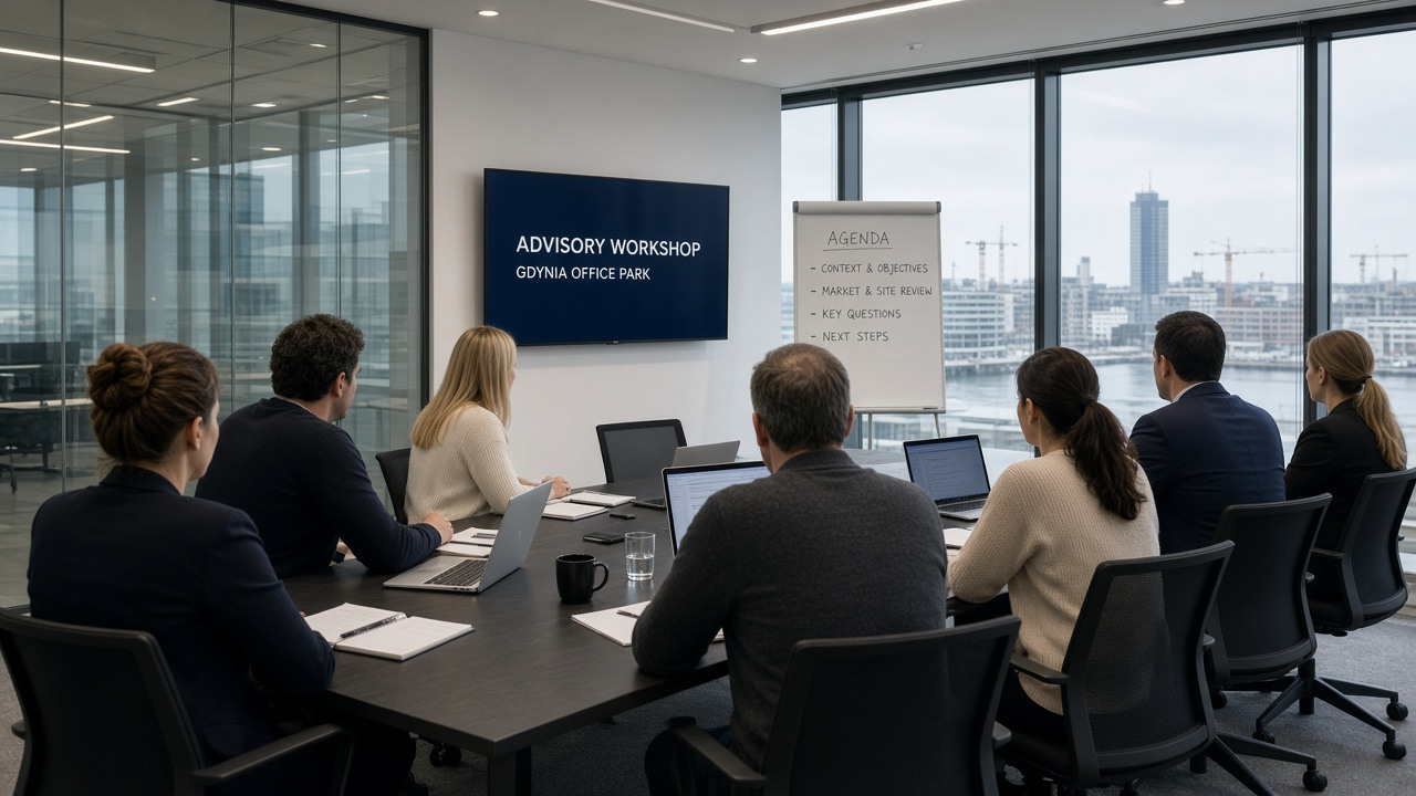 Sala warsztatowa w Łużycka Office Park — szkolenie AI jako doradztwo, nie certyfikat Google