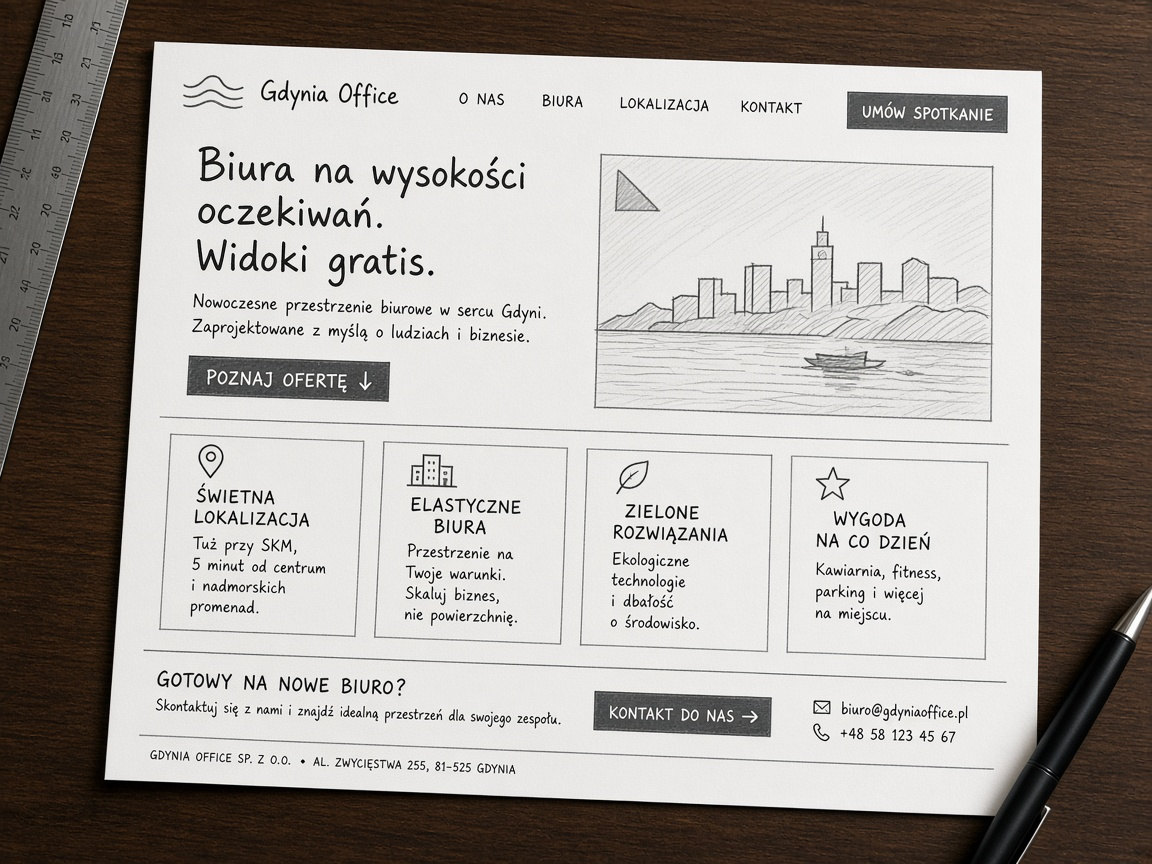 Papierowy prototyp landingu na biurku