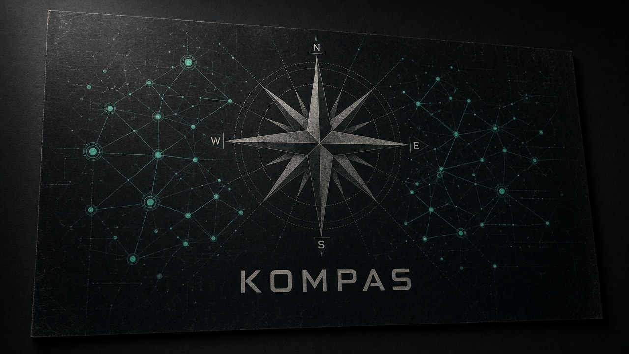 Schemat Kompas: kompas i węzły danych, plakat na ścianie, nie ekran logowania