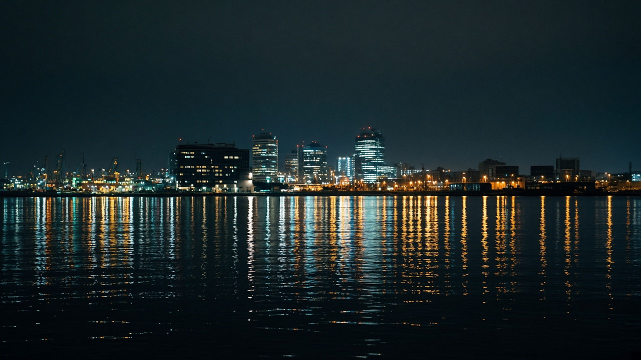 Nocny port w Gdyni — widok z okolicy studia Sensoasis